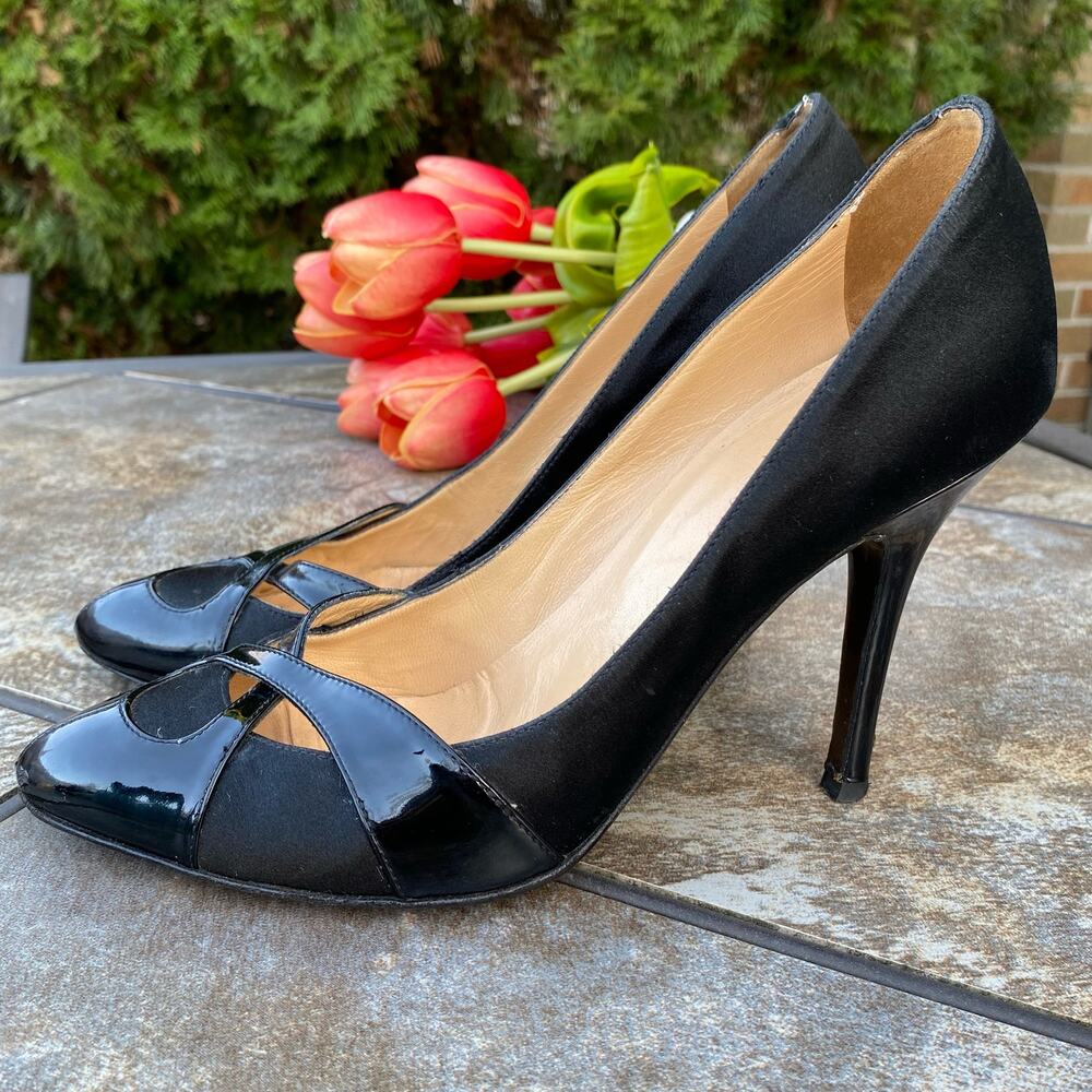 Fendi Black Satin & Patent Leather Stiletto Pumps Size 8.5 Luxury - Picture 1 of 9